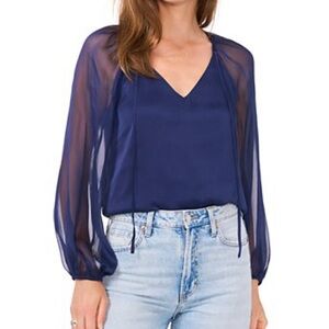 1 Slate Navy Blue Sheer Sleeve Blouse  NWOT Sz M